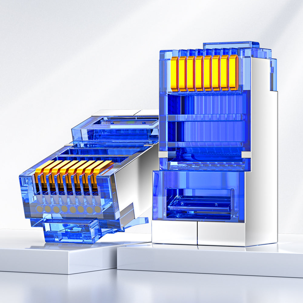 Conector RJ45 blindado Cat5e da AMPCOM, contatos banhados a ouro de 50 μm, blindagem niquelada anti-interferência, diâmetro do orifício do condutor de 1.0 mm.