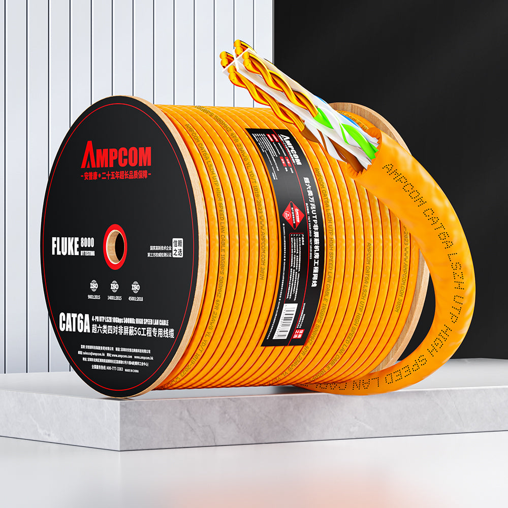 AMCPOM Cat6A Bulk Network Cable, 0.58±0.01mm Pure Copper Stranded Wire, 500MHz, Unshielded (UTP),  Orange LSZH Sheath, 1000ft (305m) / Reel
