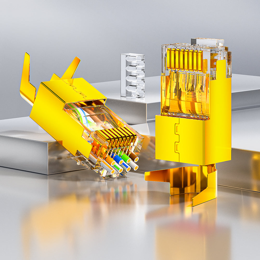 AMPCOM Cat7 Pass-Through W/ Tail Clip Shielded RJ45 Connector, Gold-Plated Copper Shell, 1.5mm Conductor Hole