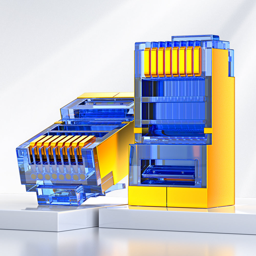 Conector RJ45 blindado Cat5e da AMPCOM, contatos banhados a ouro de 50 μm, blindagem de cobre anti-interferência, diâmetro do orifício do condutor de 1.0 mm.