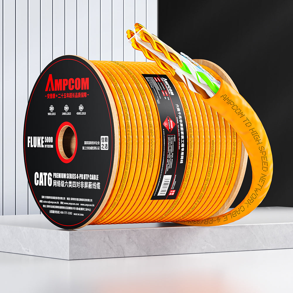 AMPCOM Cat6 Ethernet Bulk Cable, 1000ft (305m), 23AWG Solid Pure Bare Copper Wire, 250MHz, Unshielded (UTP), Orange PVC Sheath, with Reel, Supports PoE