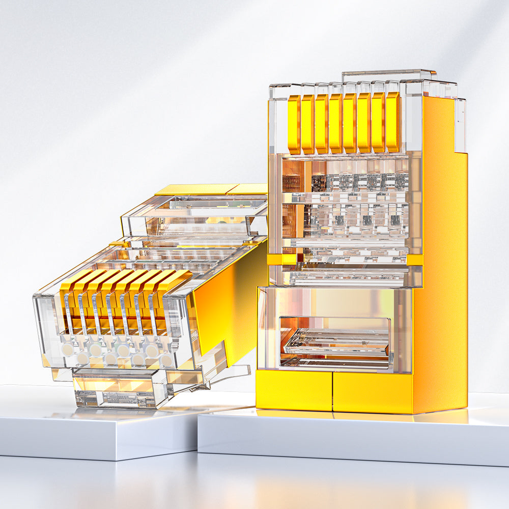 Conector RJ45 blindado Cat6 da AMPCOM, contatos banhados a ouro de 50 μm, blindagem de cobre anti-interferência, diâmetro do orifício do condutor de 1.1 mm.