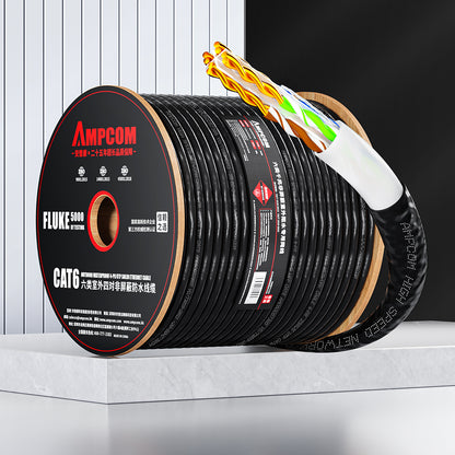 AMCPOM Cat6 Outdoor Water-Resistant Bulk Network Cable, 0.58±0.01mm Pure Copper Stranded Wire, 250MHz, Unshielded (UTP), Black Water-Resistant PVC Jacket, 1000ft (305m) / Reel