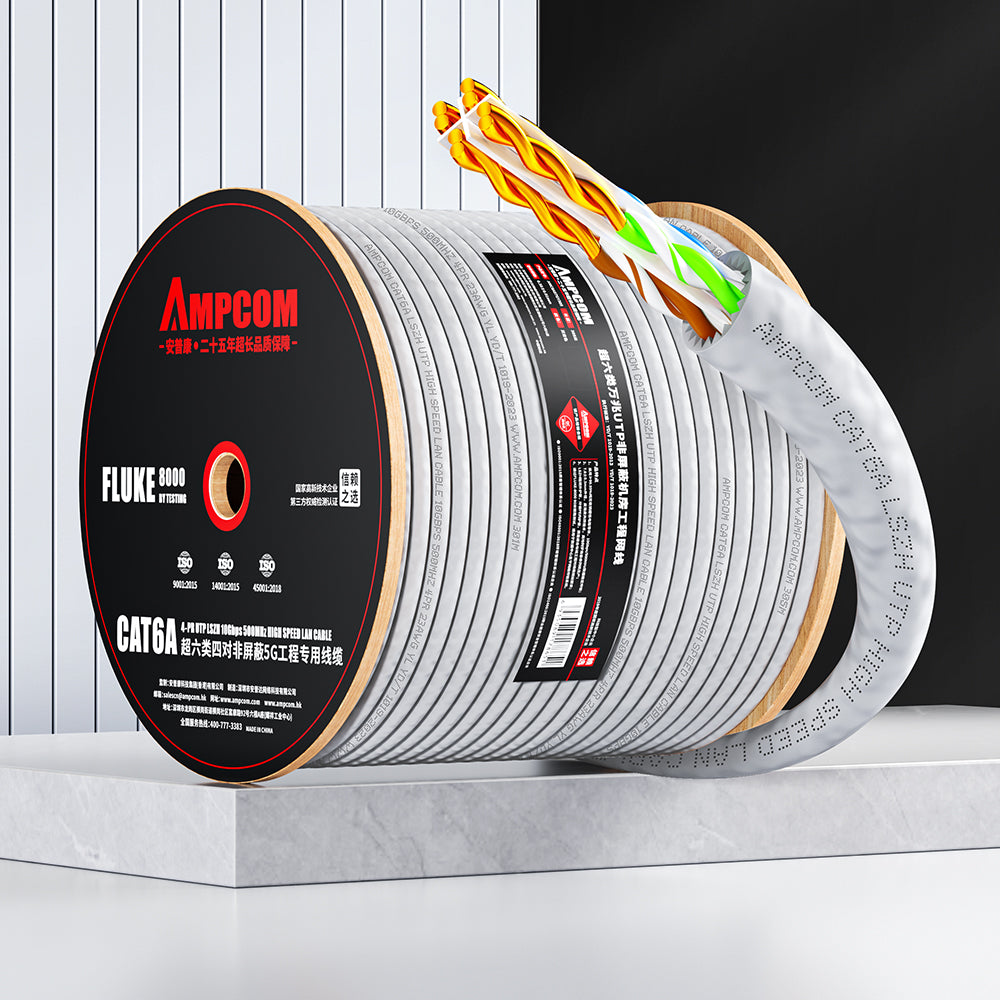 AMCPOM Cat6A Bulk Network Cable, 0.58±0.01mm Pure Copper Stranded Wire, 500MHz, Unshielded (UTP), Beijise LSZH Sheath, 1000ft (305m) / Reel