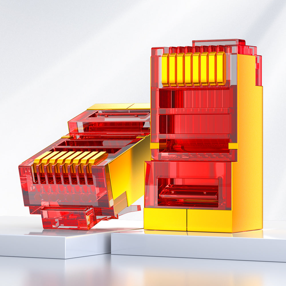 Conector RJ45 blindado Cat5e da AMPCOM, contatos banhados a ouro de 50 μm, blindagem de cobre anti-interferência, diâmetro do orifício do condutor de 1.0 mm.