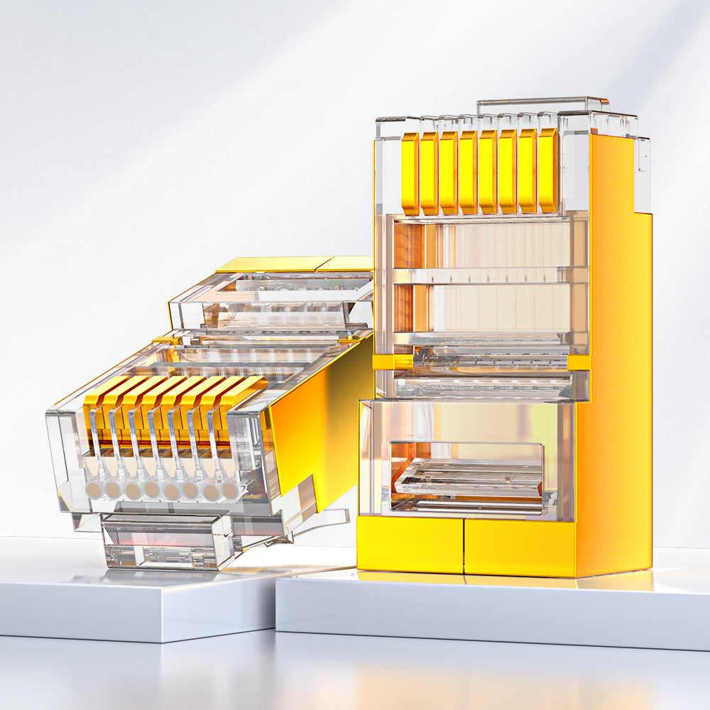 Conector RJ45 blindado Cat5e da AMPCOM, contatos banhados a ouro de 50 μm, blindagem de cobre anti-interferência, diâmetro do orifício do condutor de 1.0 mm.