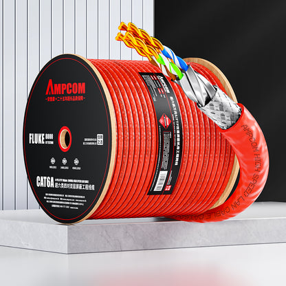 AMCPOM Cat6A Bulk Network Cable, 0.58±0.01mm Pure Copper Solid Wire, 500MHz, S/FTP,  Red LSZH Sheath, 1000ft (305m) / Reel
