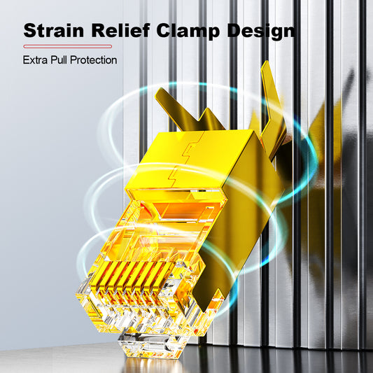 AMPCOM Cat8 W/ Tail Clip Shielded RJ45 Connector, 50μm Gold-Plated Contacts, Gold-Plated Copper Shell, 1.5mm Conductor Hole