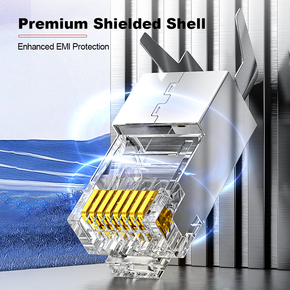 AMPCOM Cat7 Pass-Through W/ Tail Clip Shielded RJ45 Connector, Nickel-Plated Copper Shell, 1.5mm Conductor Hole