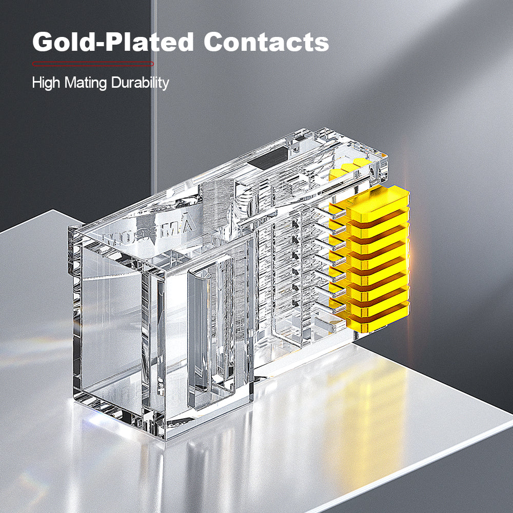 AMPCOM Cat6 RJ45 Connector, Gold-Plated Contacts, 1.1mm Conductor Hole Diameter