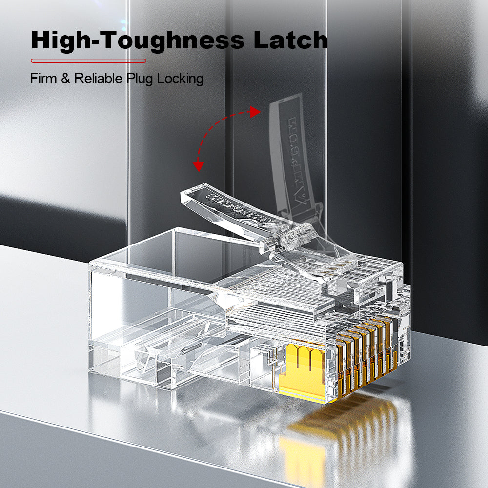 Conector AMPCOM Cat6 RJ45 de duas peças, contatos banhados a ouro, diâmetro do orifício do condutor de 1.1 mm