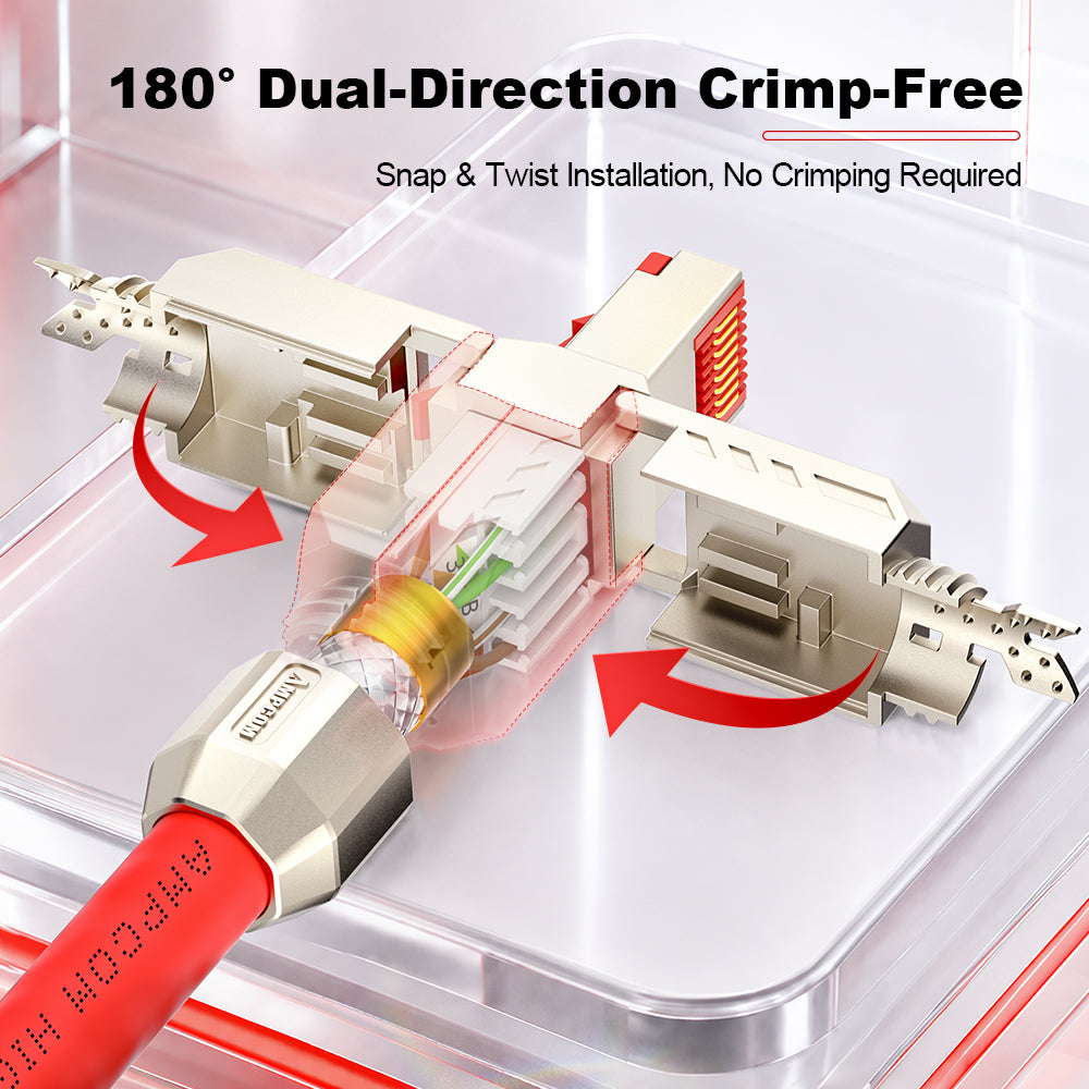 AMPCOM CFS Series Cat8 Zinc-Alloy Shielded Tool-Free RJ45 Connector for 22-24 AWG Ethernet Cable
