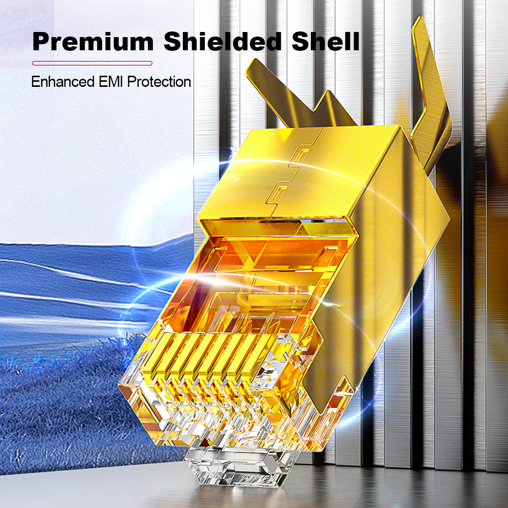 AMPCOM Cat7 Pass-Through W/ Tail Clip Shielded RJ45 Connector, Gold-Plated Copper Shell, 1.5mm Conductor Hole