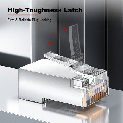 Conector RJ45 blindado Cat6 da AMPCOM, contatos banhados a ouro de 50 μm, blindagem niquelada anti-interferência, diâmetro do orifício do condutor de 1.1 mm.