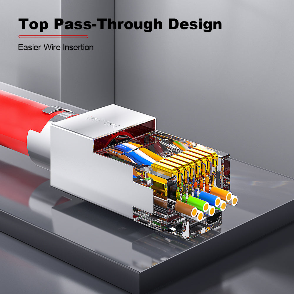 AMPCOM Cat7 Pass-Through W/ Tail Clip Shielded RJ45 Connector, Nickel-Plated Copper Shell, 1.5mm Conductor Hole