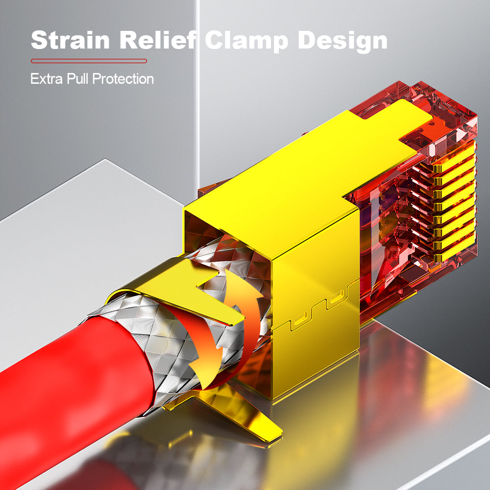 AMPCOM Cat7 W/ Tail Clip Shielded RJ45 Connector, 50μm Gold-Plated Contacts, Gold-Plated Copper Shell, 1.5mm Conductor Hole