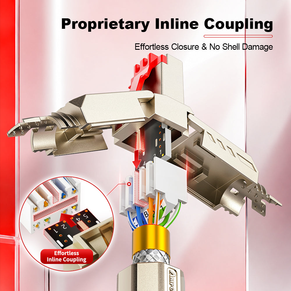 AMPCOM CFS Series Cat8 Zinc-Alloy Shielded Tool-Free RJ45 Connector for 22-24 AWG Ethernet Cable