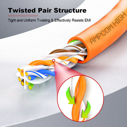 AMPCOM Cat6 Ethernet Bulk Cable, 1000ft (305m), 23AWG Solid Pure Bare Copper Wire, 250MHz, Unshielded (UTP), Orange PVC Sheath, with Reel, Supports PoE