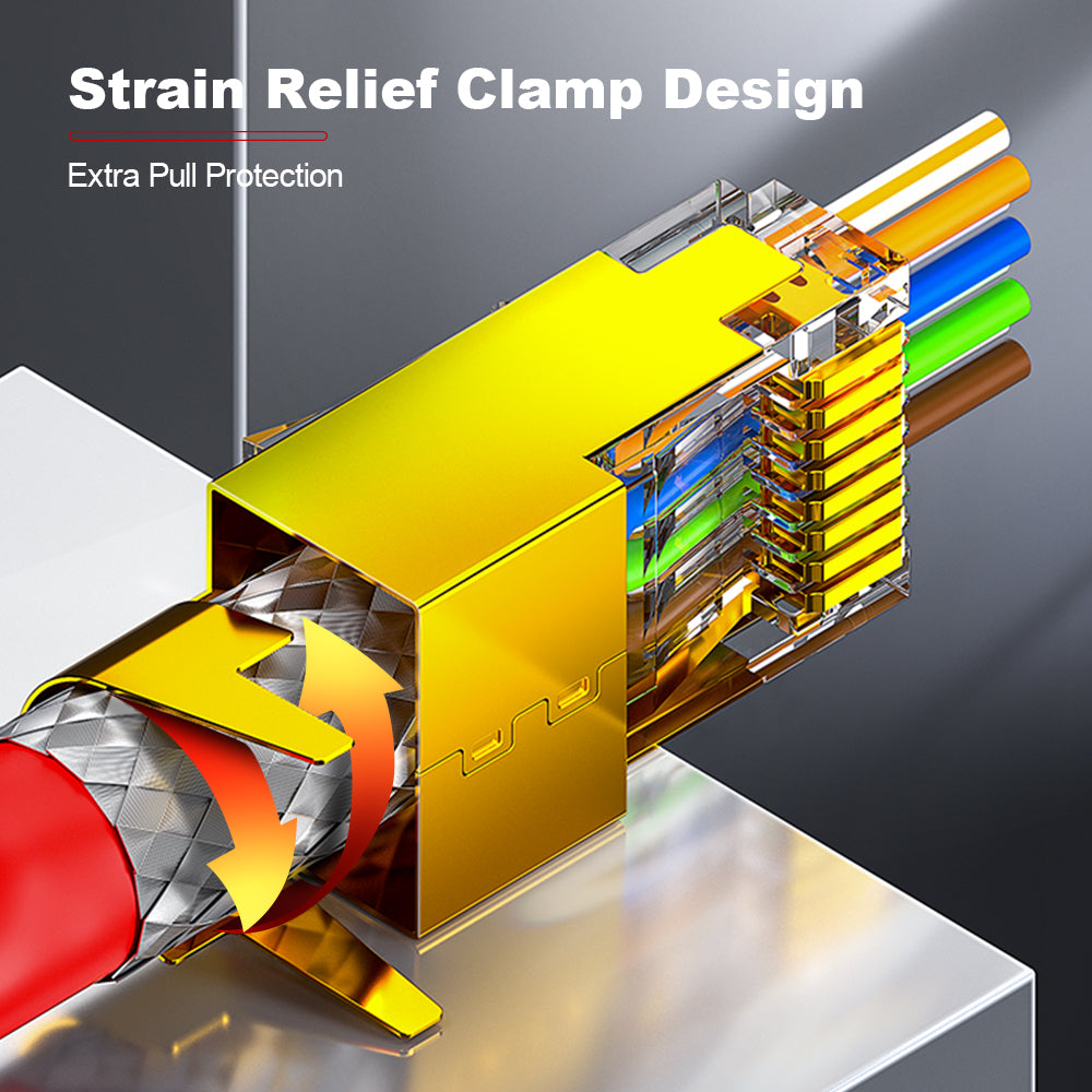 AMPCOM Cat7 Pass-Through W/ Tail Clip Shielded RJ45 Connector, Gold-Plated Copper Shell, 1.5mm Conductor Hole