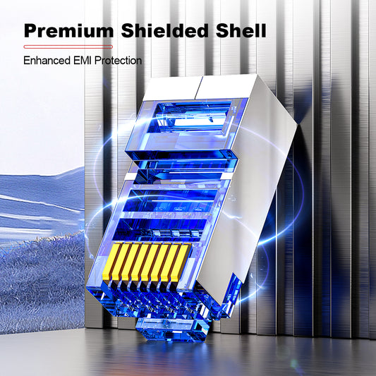 AMPCOM Cat6 Shielded RJ45 Connector, 50μm Gold-plated Contacts, Anti-Interference Nickel-Plated Shielded, 1.1mm Conductor Hole Diameter