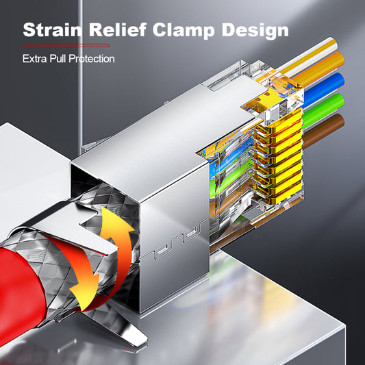 AMPCOM Cat7 Pass-Through W/ Tail Clip Shielded RJ45 Connector, Nickel-Plated Copper Shell, 1.5mm Conductor Hole