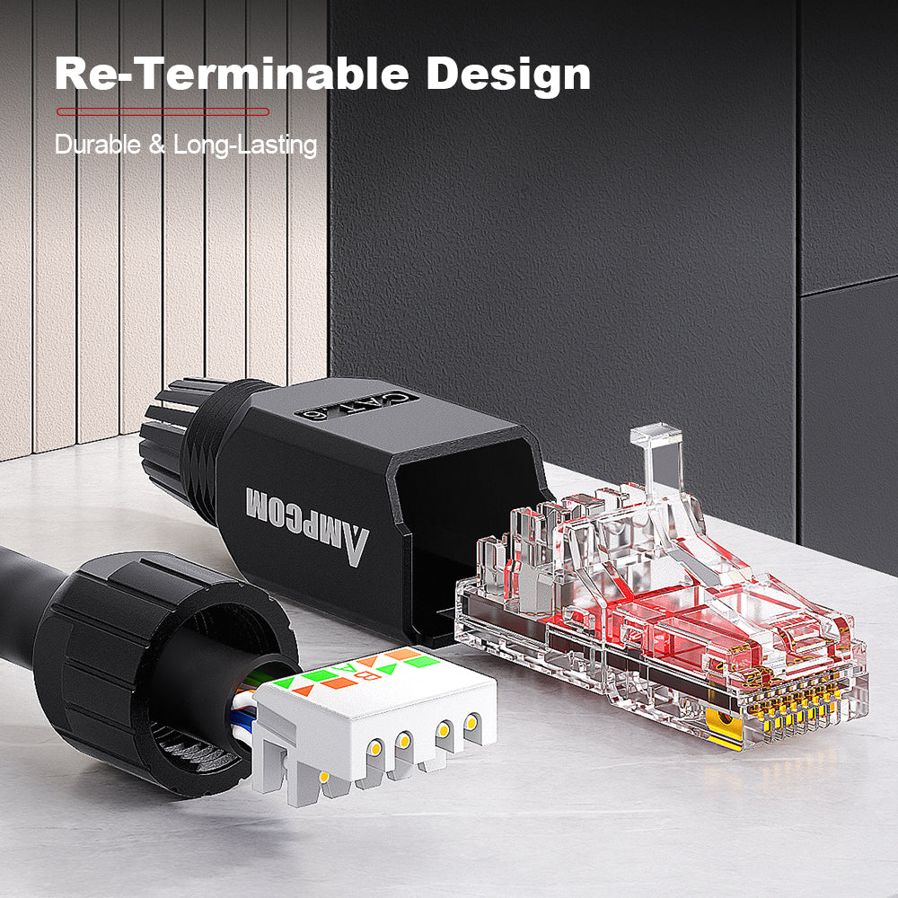 AMPCOM Cat6 Unshielded Tool-Free RJ45 Connector for 23-26 AWG Unshielded Ethernet Cable