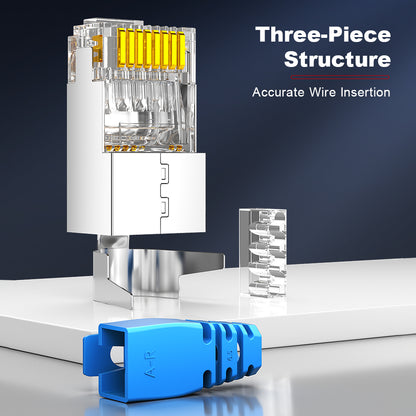 AMPCOM Cat7 W/ Tail Clip Shielded RJ45 Connector, Nickel-Plated Copper Shell, 1.3mm Conductor Hole