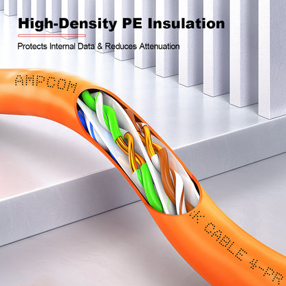 AMPCOM Cat6 Ethernet Bulk Cable, 1000ft (305m), 23AWG Solid Pure Bare Copper Wire, 250MHz, Unshielded (UTP), Orange PVC Sheath, with Reel, Supports PoE
