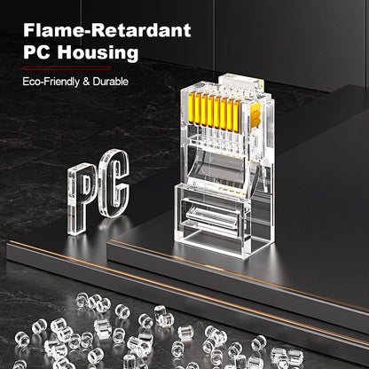 Conector AMPCOM Cat6 RJ45 de duas peças, contatos banhados a ouro, diâmetro do orifício do condutor de 1.1 mm