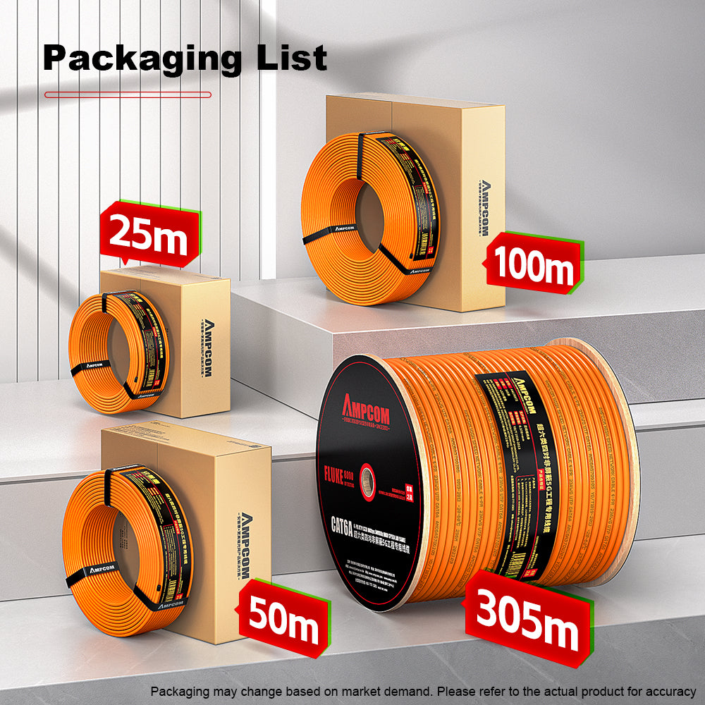 AMCPOM Cat6A Bulk Network Cable, 0.58±0.01mm Pure Copper Stranded Wire, 500MHz, Unshielded (UTP),  Orange LSZH Sheath, 1000ft (305m) / Reel
