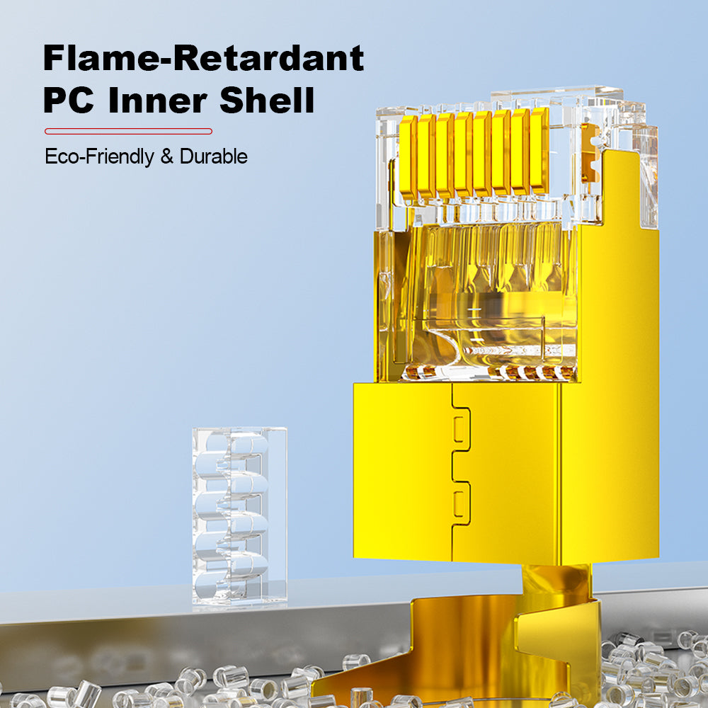 AMPCOM Cat7 W/ Tail Clip Shielded RJ45 Connector, 50μm Gold-Plated Contacts, Gold-Plated Copper Shell, 1.5mm Conductor Hole