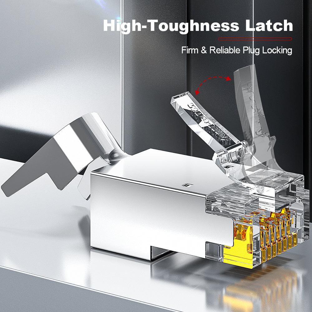 AMPCOM Cat7 Pass-Through W/ Tail Clip Shielded RJ45 Connector, Nickel-Plated Copper Shell, 1.5mm Conductor Hole