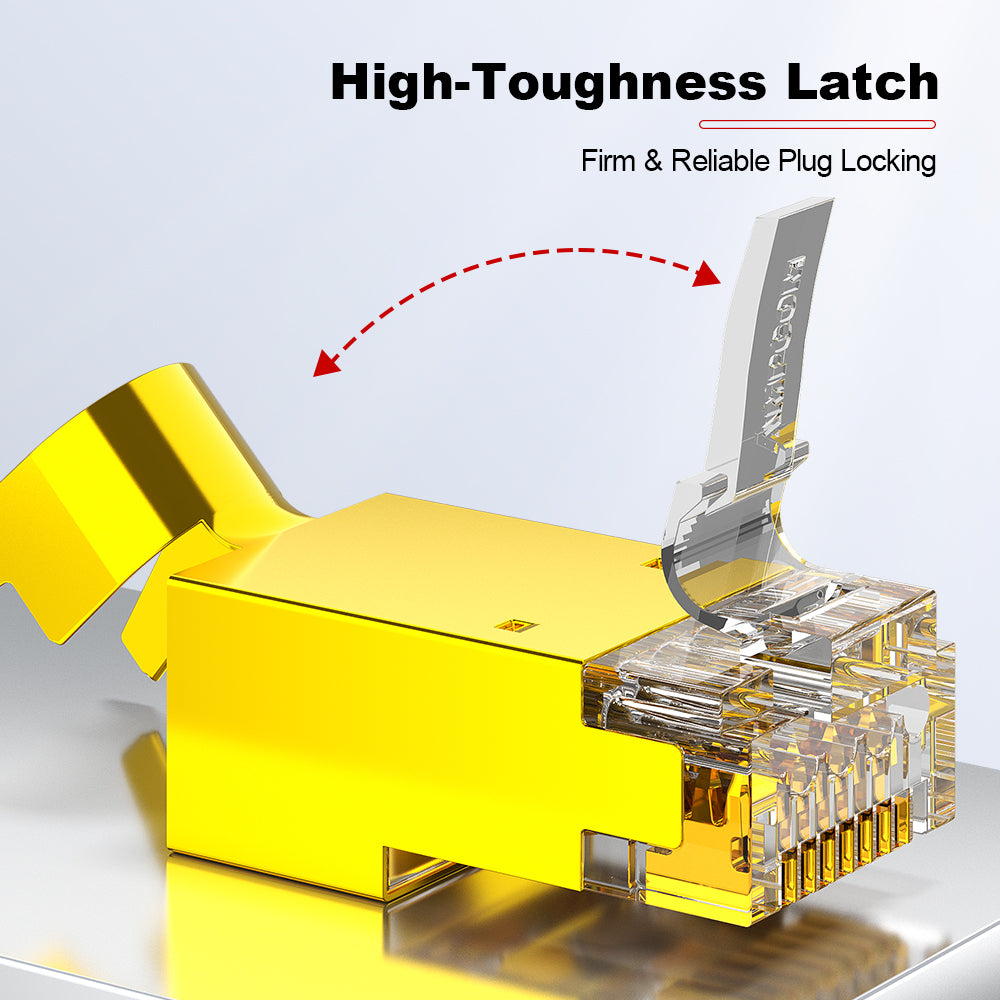 AMPCOM Cat7 W/ Tail Clip Shielded RJ45 Connector, 50μm Gold-Plated Contacts, Gold-Plated Copper Shell, 1.5mm Conductor Hole