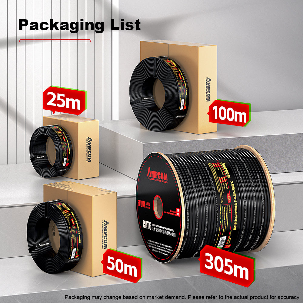 AMCPOM Cat6 Outdoor Water-Resistant Bulk Network Cable, 0.58±0.01mm Pure Copper Stranded Wire, 250MHz, Unshielded (UTP), Black Water-Resistant PVC Jacket, 1000ft (305m) / Reel