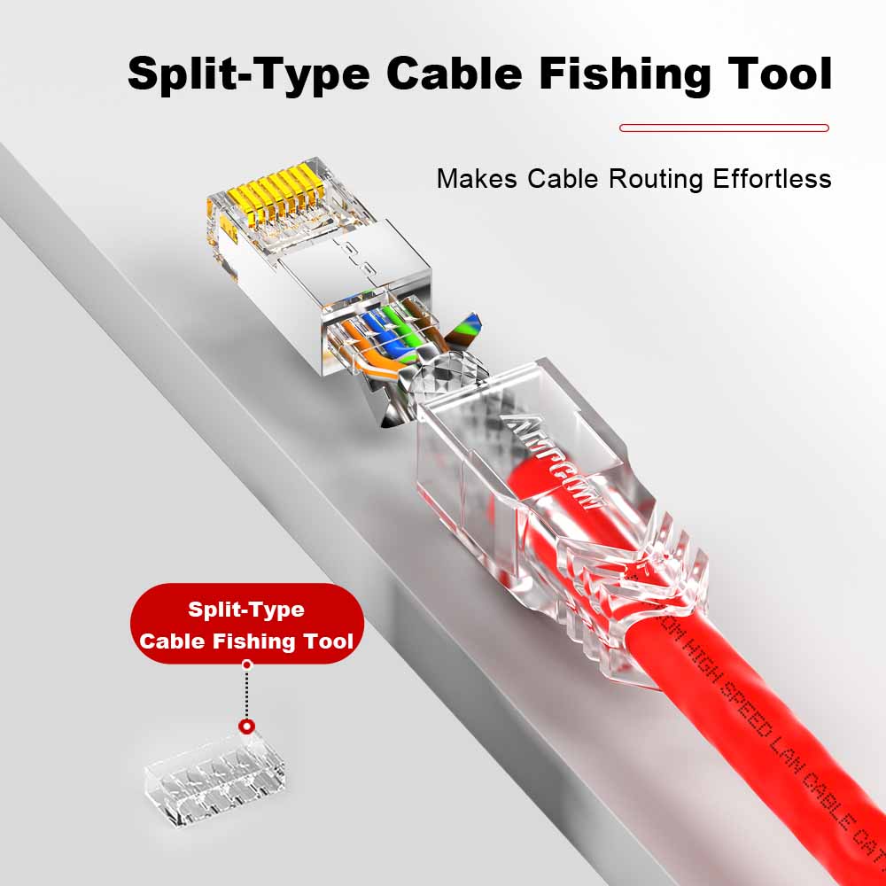 AMPCOM Cat6a W/ Tail Clip Shielded RJ45 Connector, Nickel-Plated Copper Shell, 1.3mm Conductor Hole
