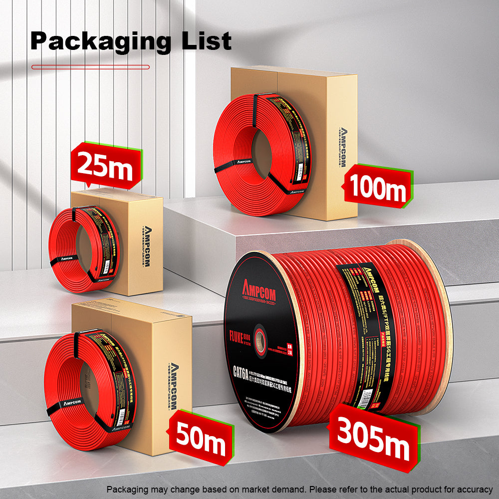 AMCPOM Cat6A Bulk Network Cable, 0.58±0.01mm Pure Copper Solid Wire, 500MHz, S/FTP,  Red LSZH Sheath, 1000ft (305m) / Reel