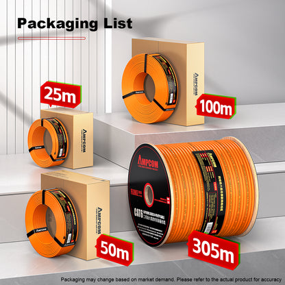 AMPCOM Cat6 Ethernet Bulk Cable, 1000ft (305m), 23AWG Solid Pure Bare Copper Wire, 250MHz, Unshielded (UTP), Orange PVC Sheath, with Reel, Supports PoE