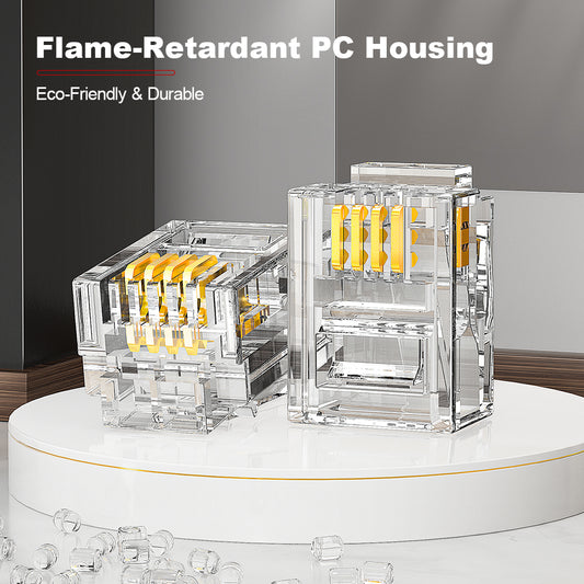 AMPCOM 6P4C RJ11 Connector, 15μm Gold-Plated Contacts, LG Flame-Retardant Housing