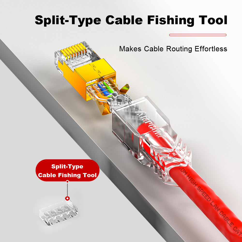 AMPCOM Cat7 Pass-Through W/ Tail Clip Shielded RJ45 Connector, Gold-Plated Copper Shell, 1.5mm Conductor Hole