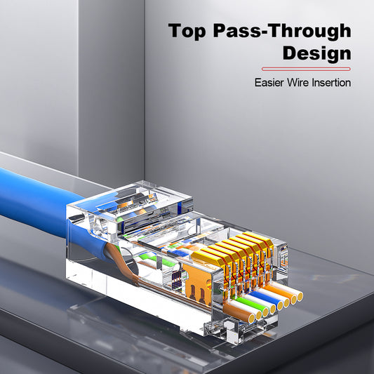 AMPCOM Cat5e Pass-Through Unshielded RJ45 Connector,Gold-Plated Contacts, 1.0mm Conductor Hole