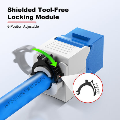 AMPCOM CAT6 Unshielded Tool-less Keystone Jack With Ratchet Lock Design, Black Shell