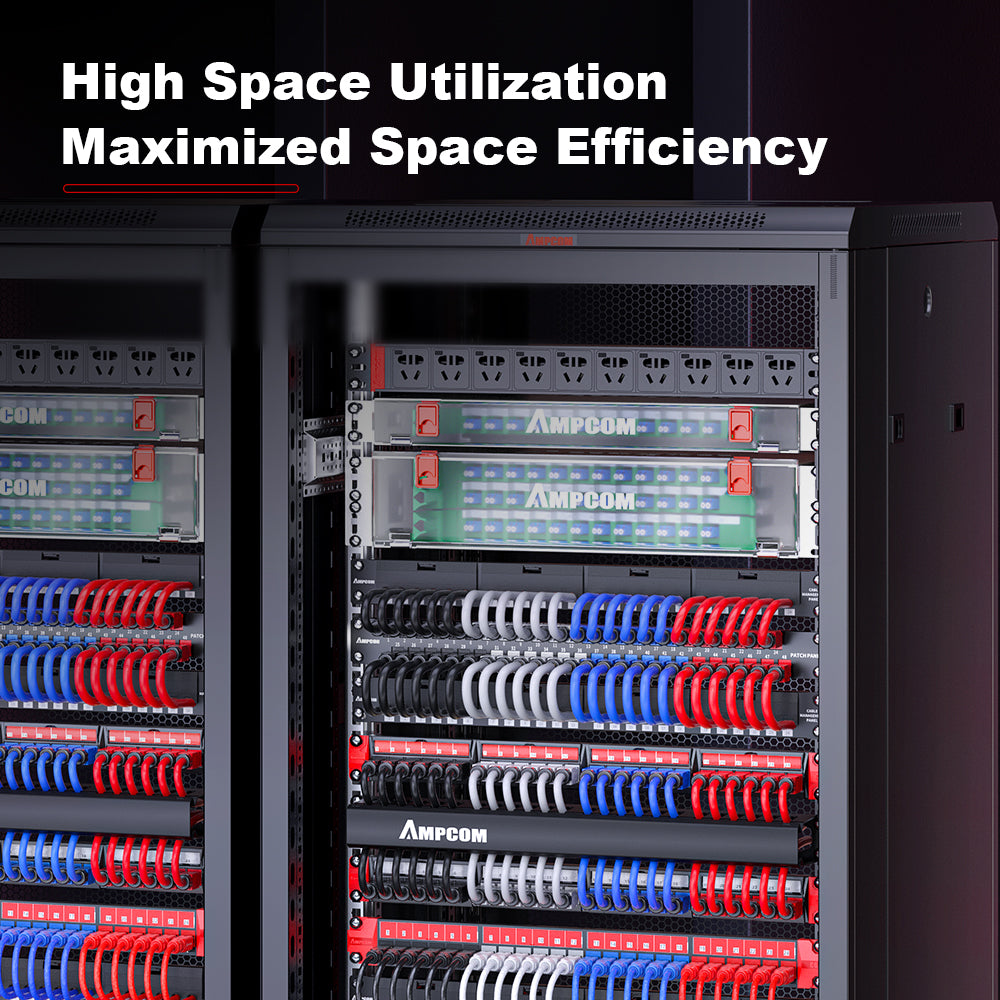 AMPCOM 0.5U 24-Port Shielded Pass-Through Modular Patch Panel, 19-inch Rack Mount with Cable Management Rings