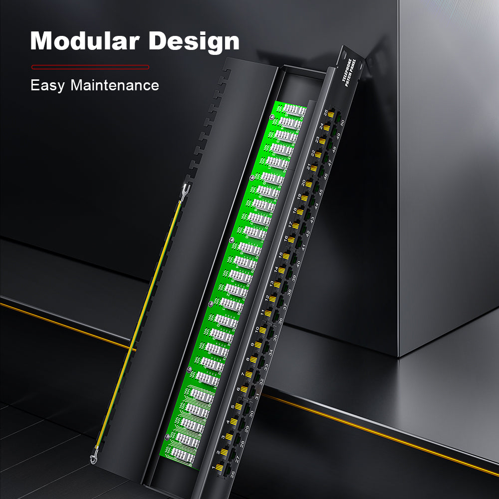 AMPCOM One-Piece PCB RJ11 Voice Patch Panel, 19 Inch Rack Mount, Pure Copper Ground Wire,SPCC Steel
