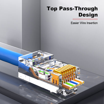 AMPCOM Cat6 Pass-Through Unshielded RJ45 Connector,Gold-Plated Contacts, 1.1mm Conductor Hole