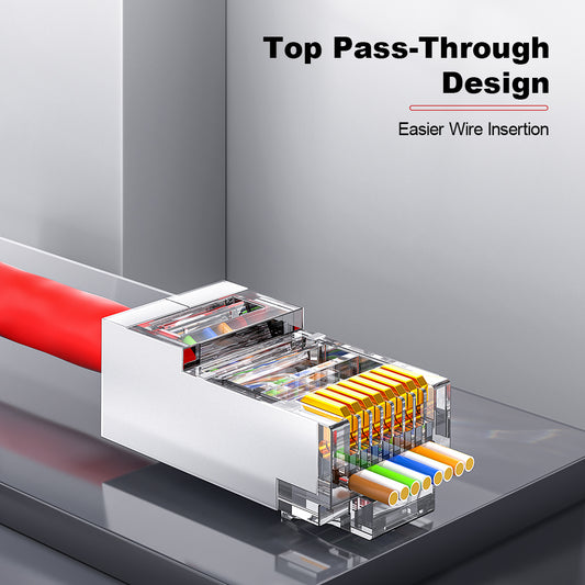 AMPCOM Cat6 Pass-Through Unshielded RJ45 Connector,Gold-Plated Contacts, 1.1mm Conductor Hole