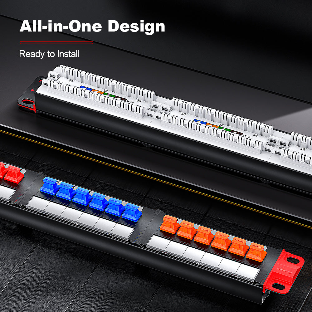 AMPCOM Economy 1U 24-Port Unshielded Patch Panel, 19-inch Rack Mount with Cable Management Rings