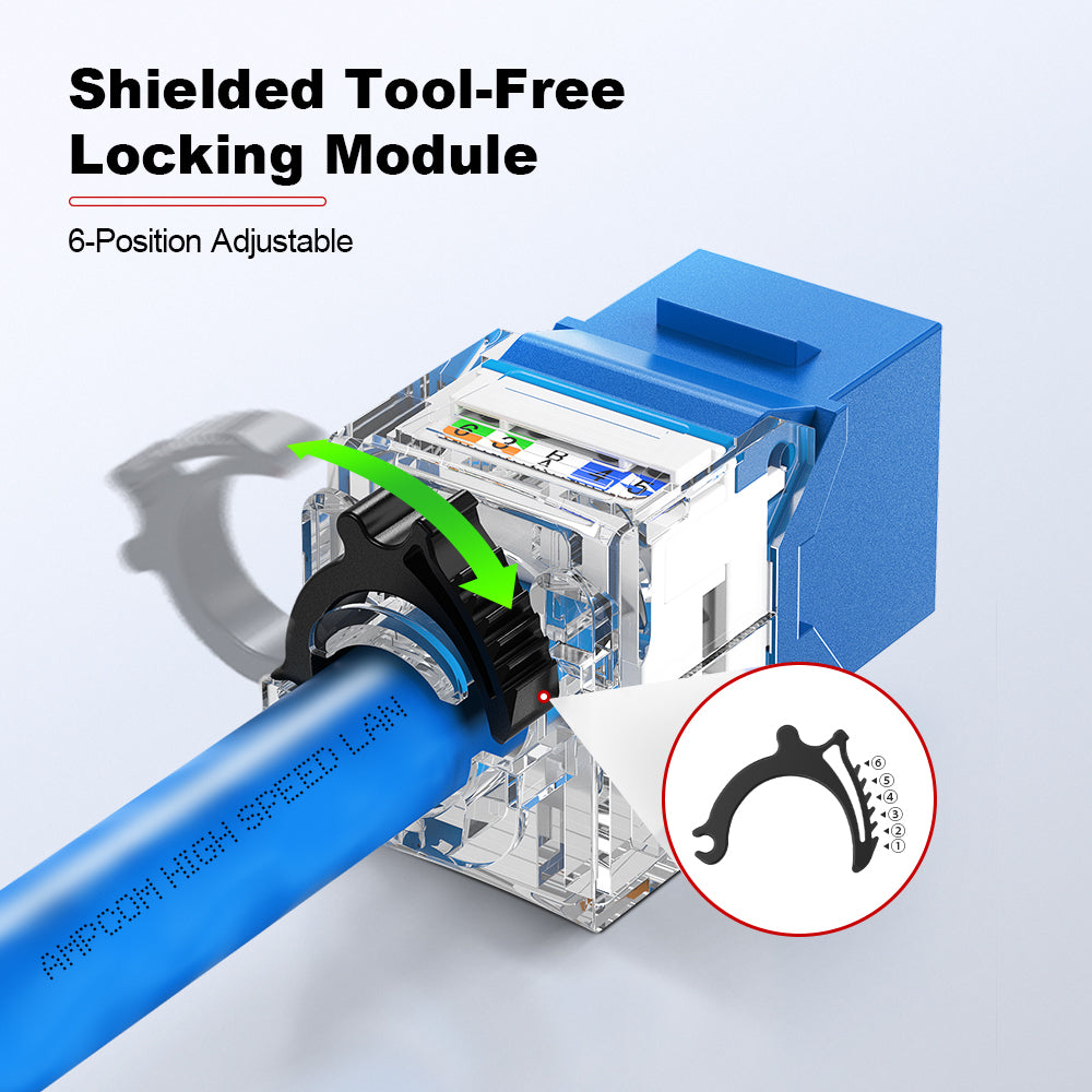 AMPCOM CAT6a Unshielded Tool-less Keystone Jack With Ratchet Lock Design, Black Shell