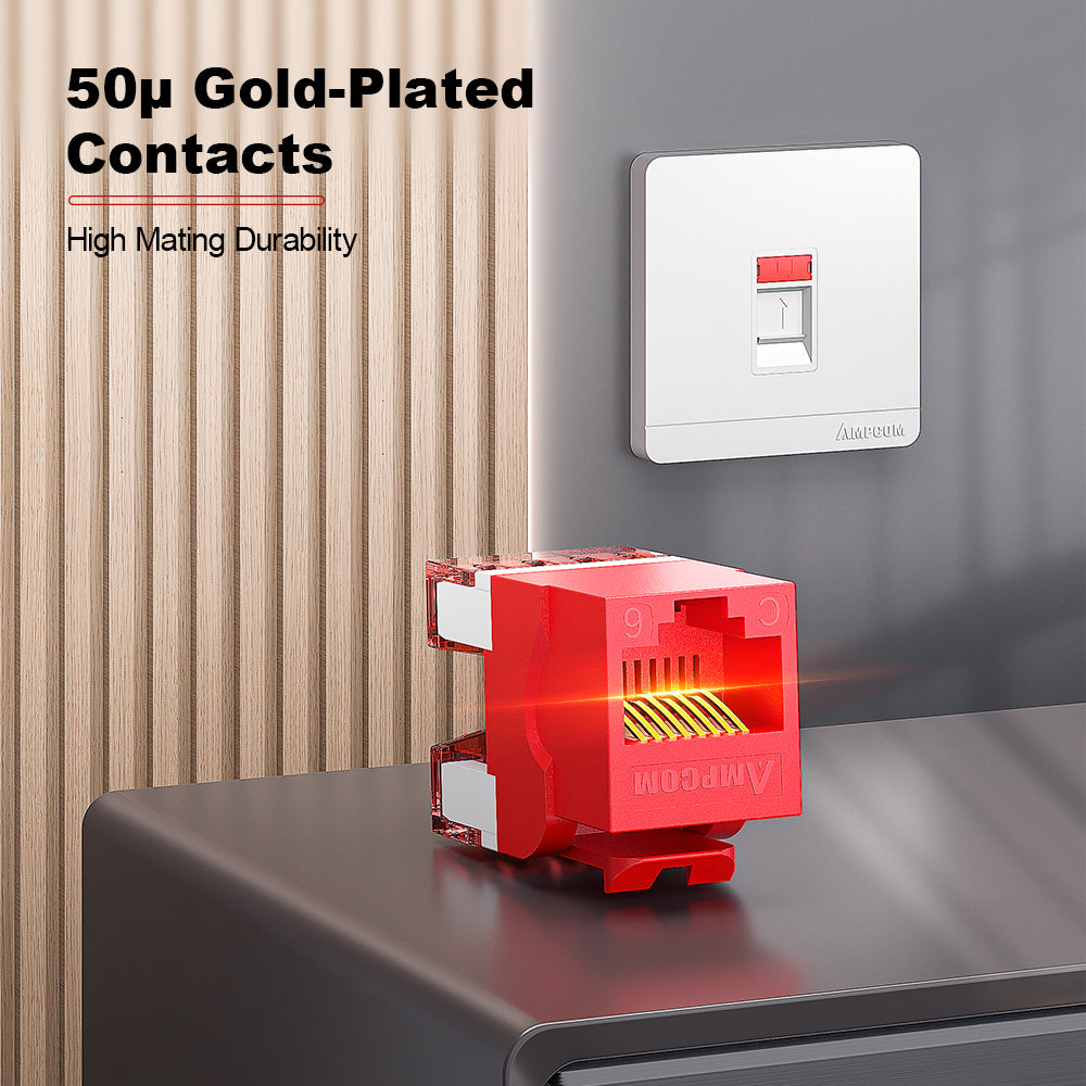 Conector Keystone AMPCOM CAT5E não blindado de 180° com encaixe por pressão para rede Ethernet, carcaça branca