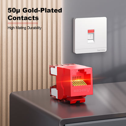 Conector Keystone AMPCOM CAT5E não blindado de 180° com encaixe por pressão para rede Ethernet, carcaça branca
