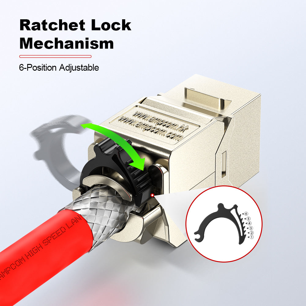 Conector Keystone blindado AMPCOM CAT8 sem ferramentas com trava de catraca, carcaça em liga de zinco